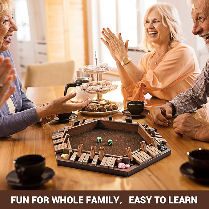 Ropoda 6-Way Shut The Box - Upgraded 1-6 Player Wooden Dice Game for Adults and Kids, Addition Training, Fun for Family Game Night - Vintage Style