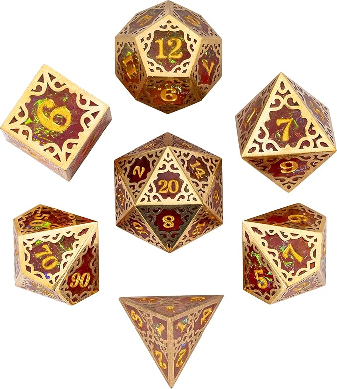 Cusdie 7-Piece Metal Frame Sharp Edges DND Dice Set with Metal Frame- Perfect for Tabletop RPGs Board Games Gifting and Collecting(Red and Yellow)