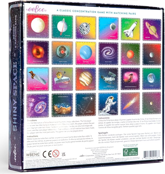 eeBoo: Shiny Space Memory & Matching Game - 24 Pairs to Match & Memorize, Colorful Tiles, Encourages Recognition, Concentration Skills, Kids Ages 5+