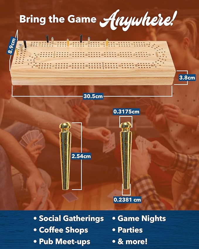 WE Games Wooden Cribbage Board Game Set, Continuous 3 Track for 2-3 Players, Travel Cribbage Board with Card Storage, Includes 9 Metal Pegs & Deck of Cards, Card Games, Classic Board Games for Adults