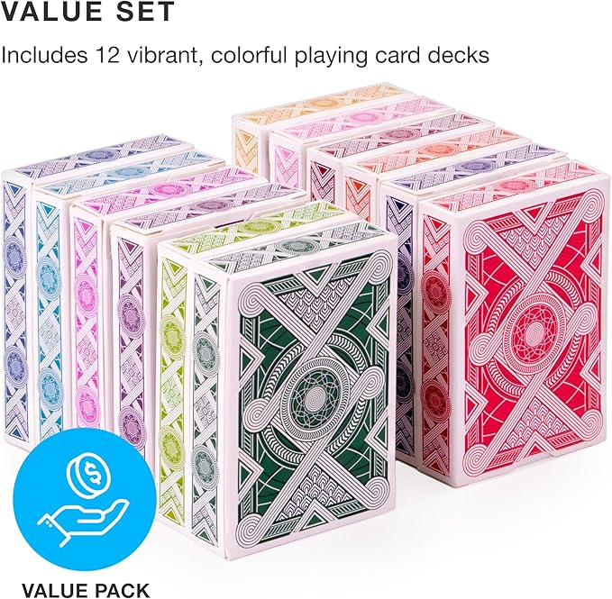 Brybelly Nertz Card Game 12 Decks of Standard 3.5 x 2.5 Wide Poker Cards - Playing Cards 12 Pack for Dutch Blitz Card Game with 12 Unique Colors