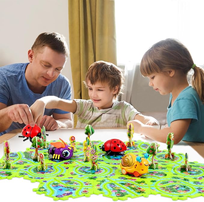 15Pcs Puzzle Racer Kids Car Track Set for Kids, Race Tracks for Toddlers Ages 3-8, Puzzle Track Car Play Set, Educational Puzzles Cars Toys Gifts for 3 4 5 6 7 Year Old Boys (Snail Bee Ladybug)