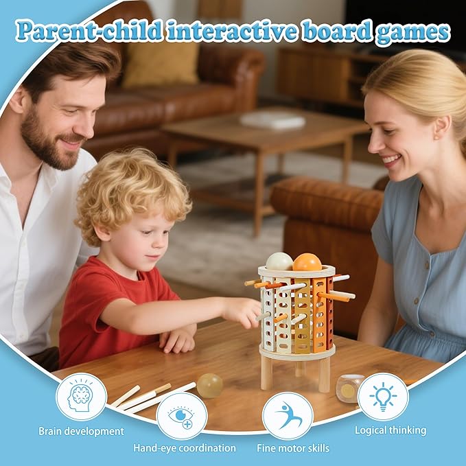 Montessori Toys for 3 Years Old - Wooden Tower Sticks Game, 3-in-1 Ball Drop and Pick-up Sticks Game with Dice - Balance Toy for Patience Training