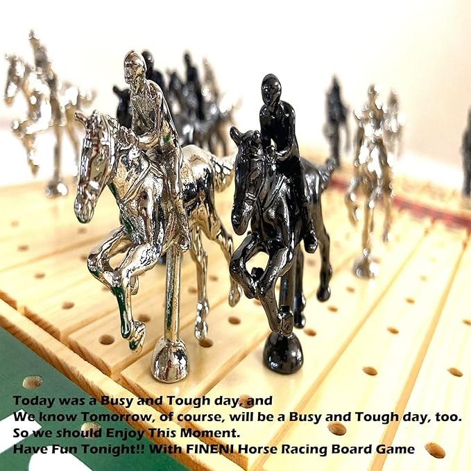 Horse Racing Game for Adults, Luxurious Metal Horses (Silver, Black) on 16' Pine Wood Board, Dice & Card Included