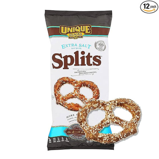 Unique Snacks Extra Salt Splits Pretzels, Original Split-Open Pretzels, Delicious Homestyle Baked Snack Bag, OU Kosher, and Non-GMO Food, No Artificial Flavor, 11 Oz. Bag, Pack of 12