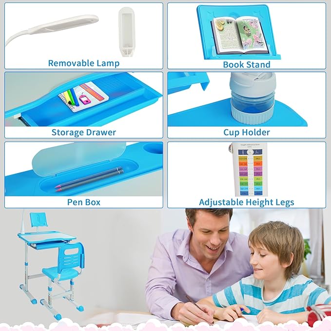Adjustable Student Desk and Chair Set, 3-15 Kids School Desk with Drawing Tilt Desktop/LED Light/Cup Holder/Bookstand/Storage Drawer, Study Desk for Boys & Girls,Blue
