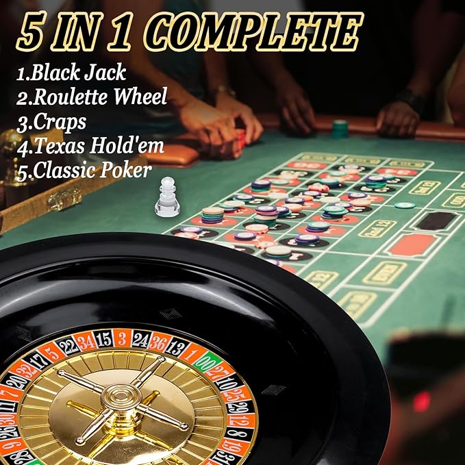 5 in 1 Premium Casino Game Set: Blackjack/Roulette/Craps/Texas Holdem/Poker Game Kit with 360 Chip+8 Deck Card+Roulette Wheel+2 Two-Sided Felt+6 Dice+Stratedgy Card,Texas Holdem Poker Blackjack Set