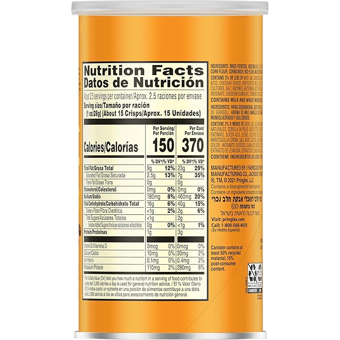 Pringles Potato Crisps Chips, Lunch Snacks, Office and Kids Snacks, Grab N' Go, Cheddar Cheese (12 Cans)