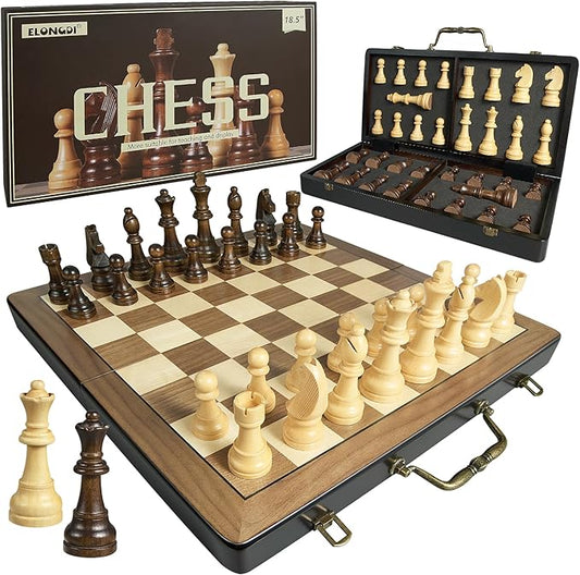 18.5 Inch Wooden Chess Set with Handle,Chess Sets for Adults Kids Portable Folding Board Games with 4.5" King and 2 Extra Queens Handmade Large Pieces with Storage Slots