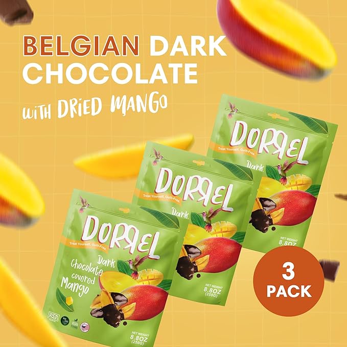 DORREL - Belgian Dark Chocolate Covered Mango Slices, High Energy Vegan Choco Snack, Delicious, Kosher & Non-GMO, Pack of 3 Dark Chocolate Fruit Bites, 8.8 oz / 250 g Ea