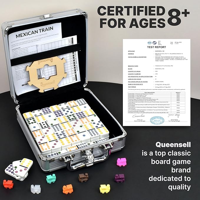 Queensell Mexican Train Dominoes Set with Wooden Hub, Domino Tile Board Games - Double 12 Dominos Set for Family Game Night for Adults and Kids Ages 8 and up (Double 12)