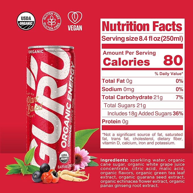 GURU Original and Lite Low Sugar Energy Drink Bundle, 48 Pack, Pre Workout Clean Energy Drinks with Green Tea, 100 mg Natural Caffeine, Low Calorie, Vegan, Organic, Plant Based, 8.4 oz Cans