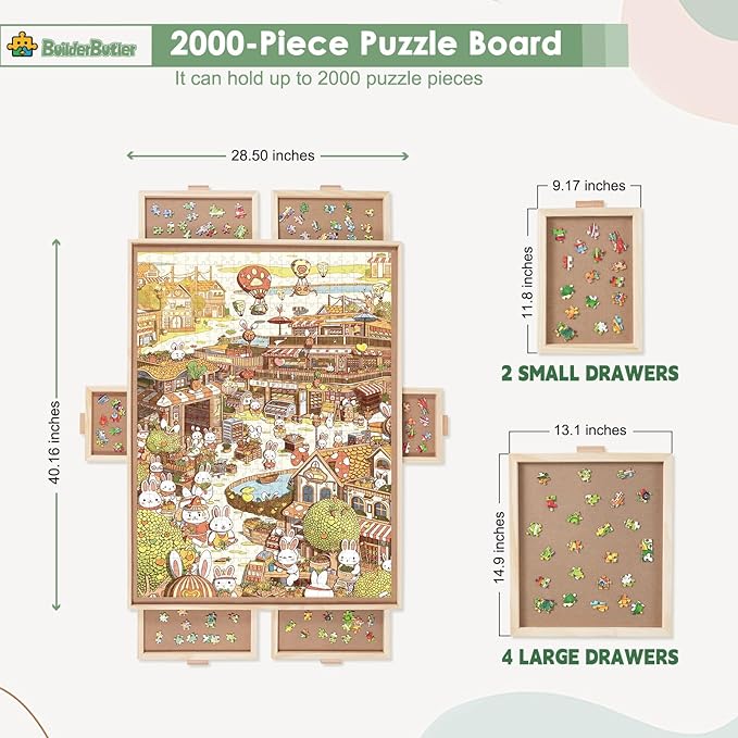 2000 Pieces Rotating Puzzle Board with 6 Drawers,40.16"x28.5" Portable Wooden Jigsaw Puzzle Table with Lazy Susan Spinning Cover for Adults