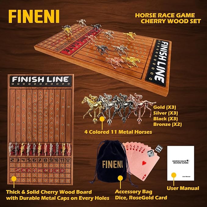 Horse Racing Game for Adults, Horse Race Board Game with 11 Luxurious Metal Horses (Gold, Silver, Black, Rose Gold), 22” Cherry Wood Horse Race Game Board, Dice & RoseGoldCard Included (Cherry)