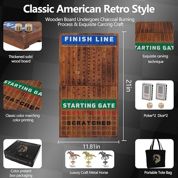 Wooden Finish Line Horse Racing Board Game Equipped with 11 Luxury Metal Craft Horses Adult Chessboard Including 2 Dice and 2 Boxes of Cards Folding Box Game Board(Flame)