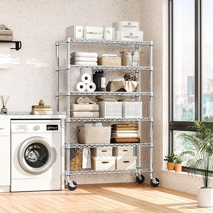 Steel Storage Shelving 6-Tier Utility Shelving Unit with Wheels, Steel Organizer Wire Rack for Home,Kitchen,Office,Garage,17.7" D x 47.2" W x 76.7" H