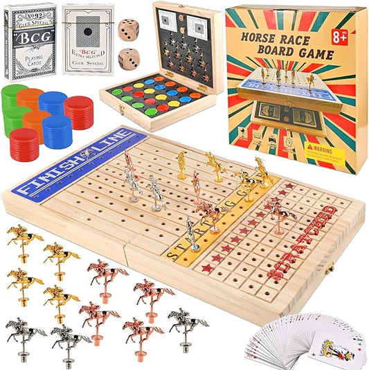 21 inches Horse Racing Game, Horse Race Board Game with 11 Metal Horses, Wood Folding Board Game with 120PCS Chips, 2 Dice and 2 Decks of Cards,for Friends Adults Family Party Game Night