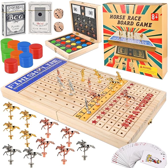 21 inches Horse Racing Game, Horse Race Board Game with 11 Metal Horses, Wood Folding Board Game with 120PCS Chips, 2 Dice and 2 Decks of Cards,for Friends Adults Family Party Game Night