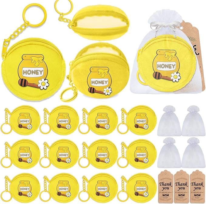 36 Pack Bee Themed Change Purses Set Include 12 Honey Pot Wallets with Keyring, 12 Thank You Tags and 12 Organza Bags for Bumble Bee Baby to Bee Birthday Baby Shower Decor,Yellow