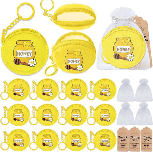 36 Pack Bee Themed Change Purses Set Include 12 Honey Pot Wallets with Keyring, 12 Thank You Tags and 12 Organza Bags for Bumble Bee Baby to Bee Birthday Baby Shower Decor,Yellow
