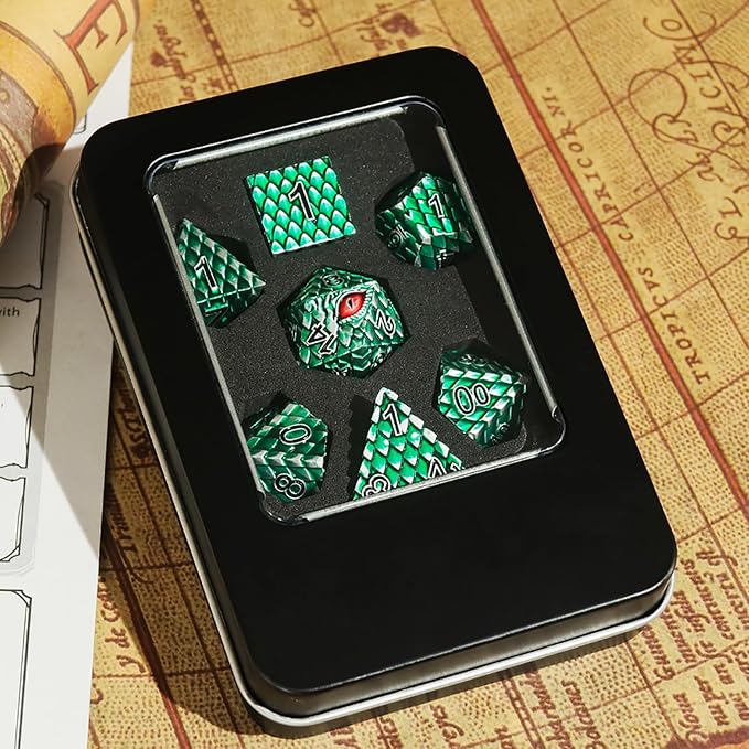 Metal Dice Set D&D,7 PCS Dragon Scale Metallic DND Dice Set,Dragon Eye Metal Dice with Gift Metal Box for Dungeons and Dragon Tabletop Game (Green Dragon Scale & Red Eye)