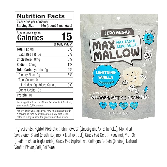 Max Mallow Sugar Free Marshmallows - Keto Friendly, Perfect for S'mores, Hot Chocolate, and Baking with Zero Sugar Snacks, Smores Mct Oil Zero Sugar Marshmellow Marshmallow Lightning Vanilla, 2 Pack