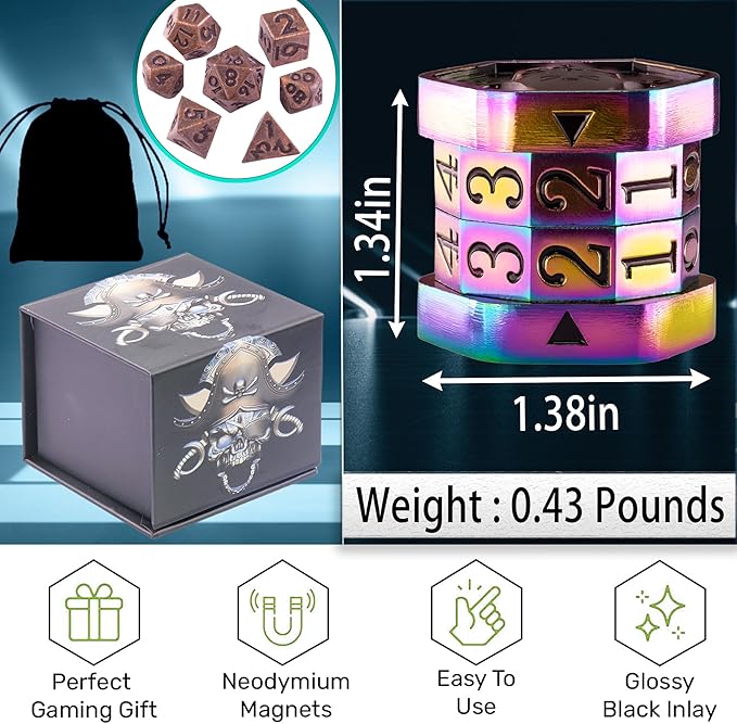 MTG Life Counter Wheel Metal Life Counter MTG Tracker, Mini Dice Set, Gift Box Packaging for Cards, MTGs Compatible Board Games, DND Game Accessories (Colorful_Black)