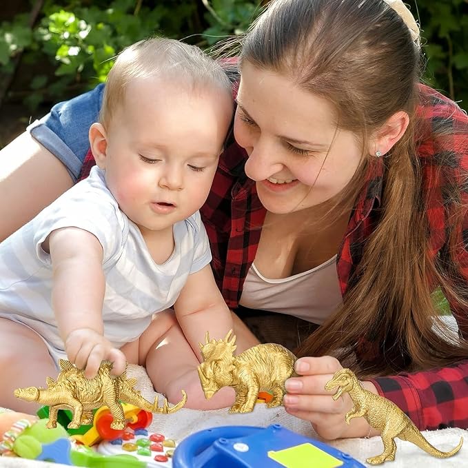 AugToy Gold Plastic Mini Dinosaur Figures Toys 48PCS Party Favors Supplies Birthday Dino Cupcake Toppers Prizes Box Toddler Kids Classroom Goodie Bags Pinata Filler End of Year Student Gifts Bulk