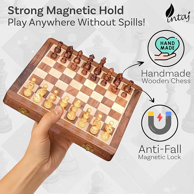 INTAJ 12" Large Wooden Chess Set - Handcrafted Chess Board Game with Magnetic Pieces & Storage - Deluxe Folding Board for Kids & Adults - Premium Acacia Wood Set for Home Decor, Coffee Table & Gift