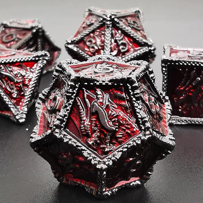 HAOMEJA DND Dice Metal Dragon Dice Set 7 Role Playing Dice D&D Solid Dice Dungeons and Dragons (Black Nickel Red)