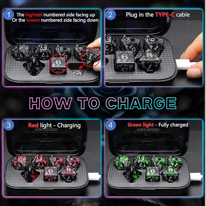 Light up LED Dice Set D and D Rechargeable for Dungeons and Dragons RGB DND Dice with Charging Box 7-Color Polyhedral Role Playing Dice for DND Gifts RPG Tabletop Games (Rose RGB)