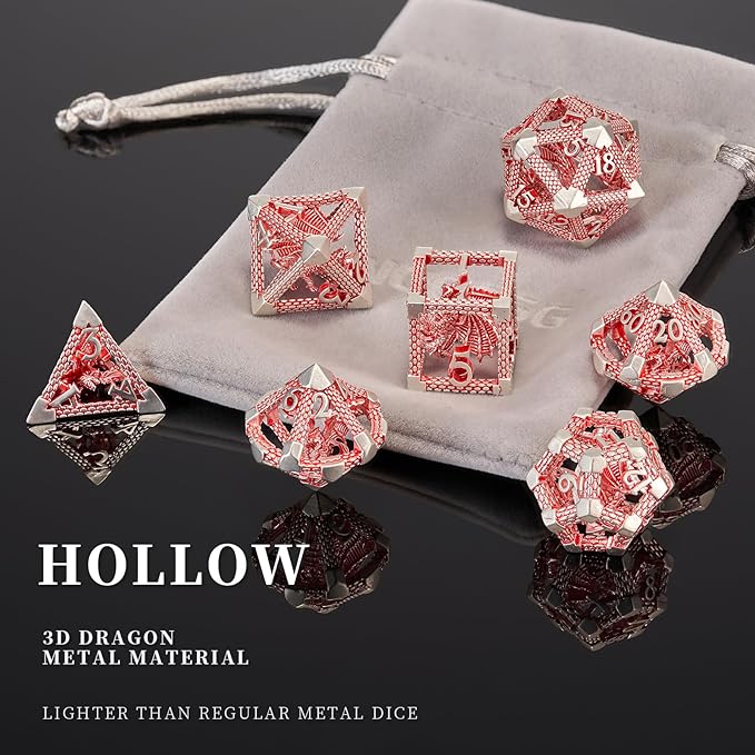 Dragon DND Dice, D&D Hollow Metal Polyhedral Dice Set for Dungeons and Dragons Dice RPG MTG Table Board Games (Red White Dragon)