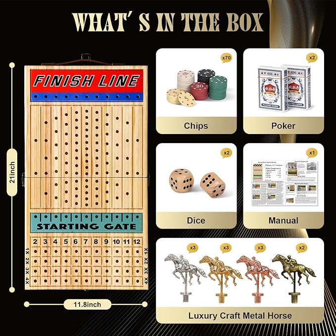 21 Inch Horse Racing Game, 11 Luxury Metal Horses, Thickened Wood Chessboard, Chips, Cards & Dice, Classic Wooden Table Top Board Game for Adults & Family