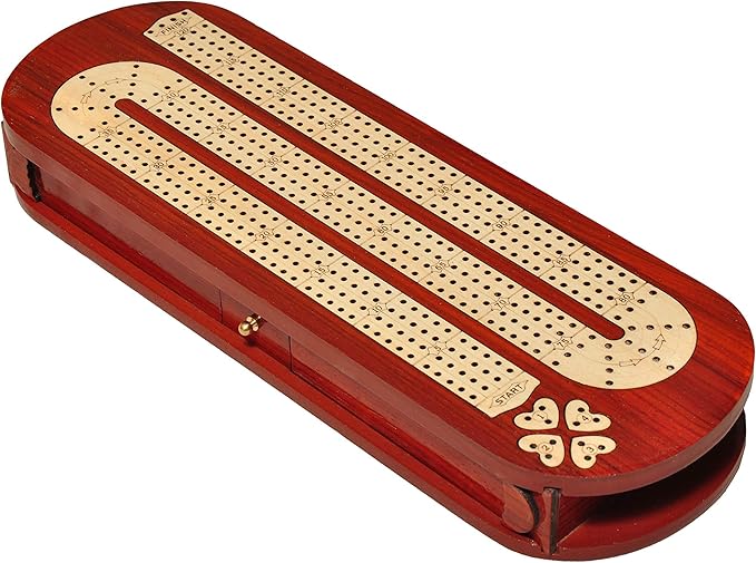 PALM ROYAL HANDICRAFTS 4 Track Wooden Cribbage Board Set Inlaid in Blood Wood and Maple Wood with pegs and Cards Storage Available. 4 Player Cribbage Board (15 x 5 Inches)
