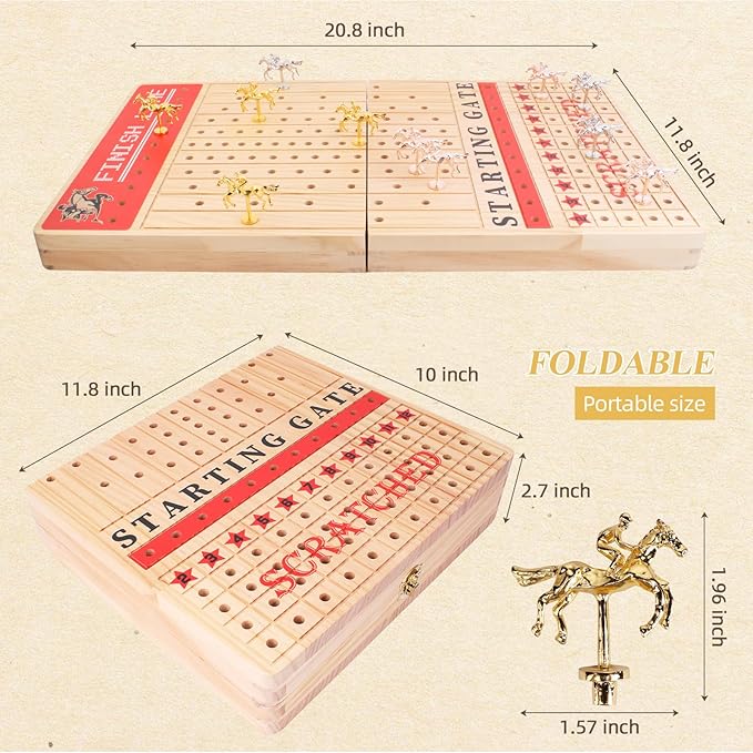 Horse Racing Board Game Set for Adults , 21-Inch Foldable Solid Wood Adult Board Games with 11 Metal Horses, 2 Dice, and 2 Boxes of Cards for Adults Family Game Night Tabletop Game Party