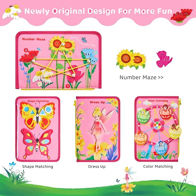 Busy Board Montessori Toys for 3 4 Year Old Girls Birthday Gifts, Educational Activity Sensory Board Preschool Learning Toys for Toddlers, Travel Toys for Airplane Car (Flower Fairy)