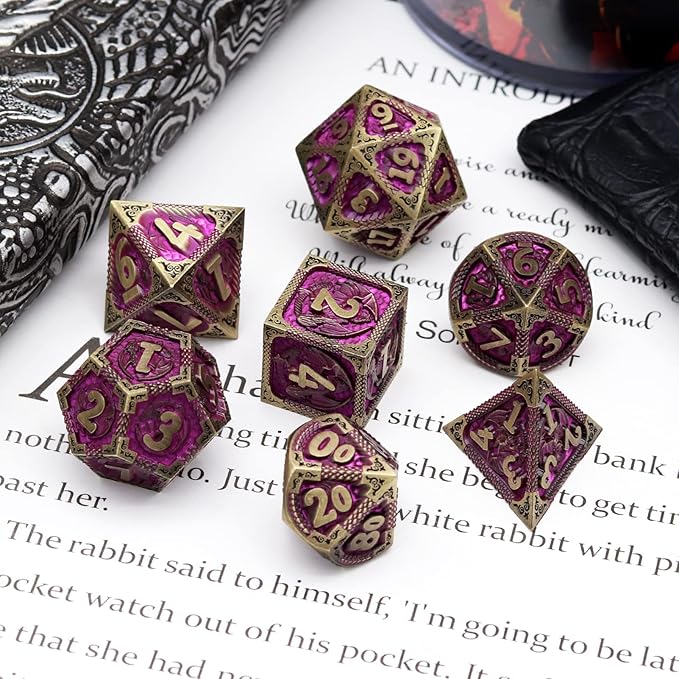 Haxtec Metal Dice Set Purple Black Dragon Pattern Metal DND Dice with Leather Dice Bag Polyhedral D&D Dice for Dungeons and Dragons TTRPG Gifts