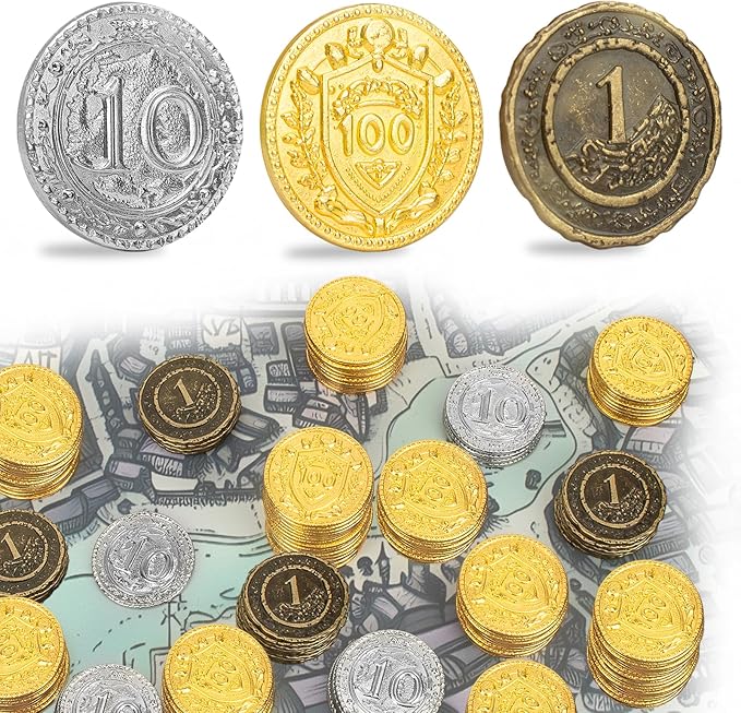 Byhoo 100 PCS Metal DND Coins, 1.2" Gold Silver Copper Tokens with Face Value for Board Game and Tabletop RPG, Fantasy Metal Coins for Pirate Game Party Cosplay