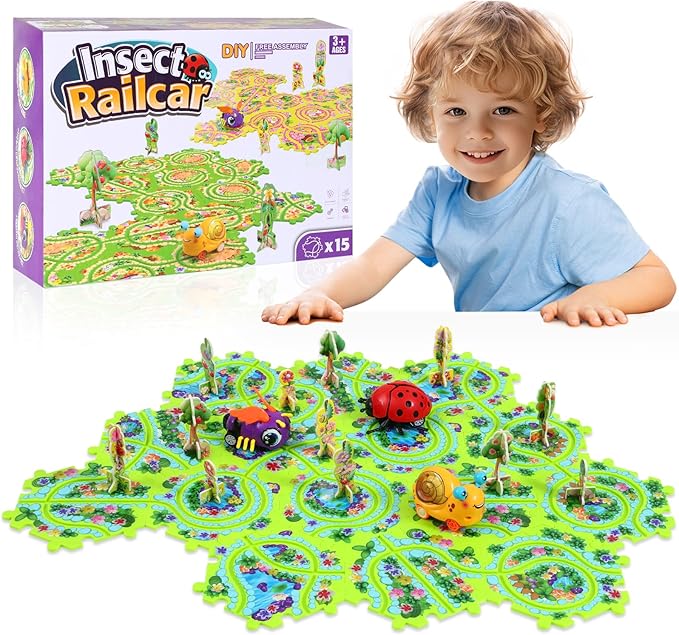 15Pcs Puzzle Racer Kids Car Track Set for Kids, Race Tracks for Toddlers Ages 3-8, Puzzle Track Car Play Set, Educational Puzzles Cars Toys Gifts for 3 4 5 6 7 Year Old Boys (Snail Bee Ladybug)