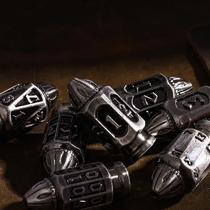 UDIXI Metal DND Dice Set, 7-Die Solid Polyhedral Bullet Metal Dice Set D&D with Unique Container for Role Playing Game or Other Tabletop Games(Ancient Silver)