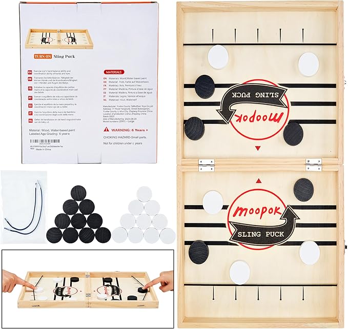 Fast Sling Puck Game - 2 in1 Chess Board and Desktop Battle Super Winner Game,Fast Action Wooden Air Hockey Board Game,Adults and Kids Family Friend Funny Slingshot Game Toys