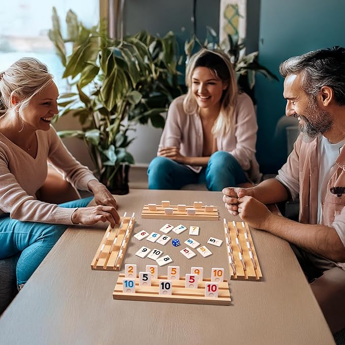 Rummy Cube Game Set with 4 Wooden Racks,106 Rummy Tiles and Portable Case,Classic Travel Board Games for Family Adults and Kids