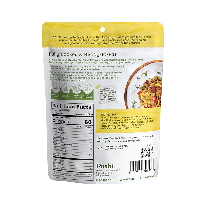 POSHI Artichoke & Asparagus Salad Natural, Keto, Vegan, Non GMO, Low Carb + Calorie, Gluten Free, Ready to Eat, Fully Cooked Vegetables, Pentry Food, Gourmet, Healthy, Travel Food, 6 Pack, 4.4 oz