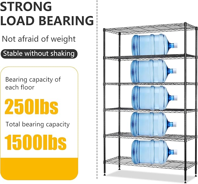 16''Lx42''Wx72''H 6 Shelf Wire Shelving Unit Heavy Duty Metal Storage Shelves NSF Wire Shelf Organizer Black Height Adjustable Utility Steel Commercial Grade Layer Shelf Rack 1500 LBS Capacity