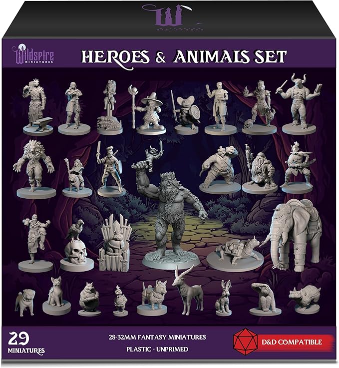 Heroes, NPC Animal Companions & Troll King for DND Miniatures Bulk 28mm-32mm Unpainted Paintable Dungeons and Dragons Minis Pathfinder Figures for Fantasy Tabletop Roleplaying Games like D&D
