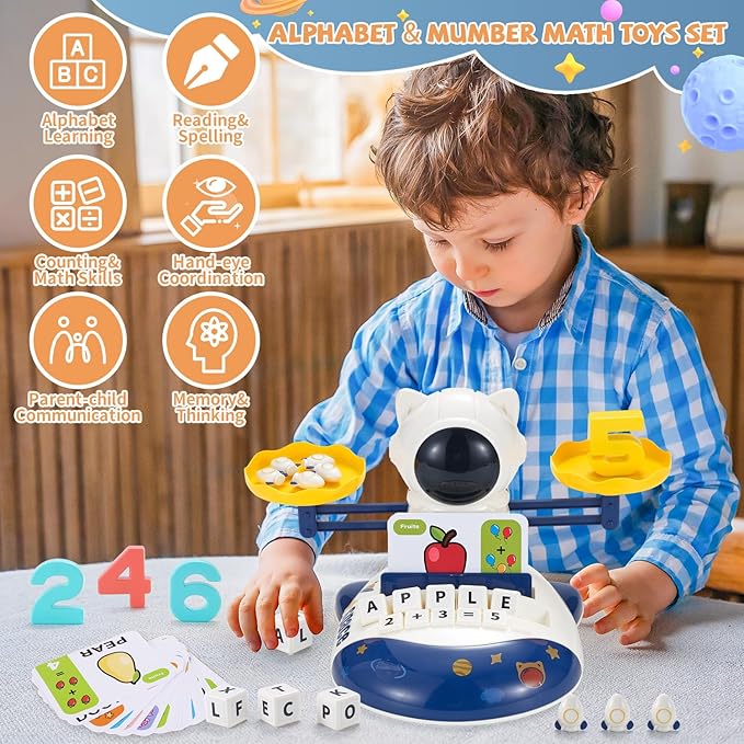 3 in 1 Math Game Toys for Kids 3-7, Preschool Alphabet Learning Toys with Spelling, Counting & Reading, Flash Cards Gifts for Boys & Girls