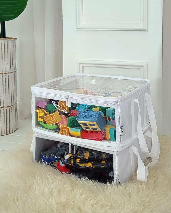 holay 2 Pack Storage Bins PVC Boxes with Transparent Lid & Handles - Durable & Foldable - Multi-Purpose Organizer for Clothes, Books, and More (White, Medium)