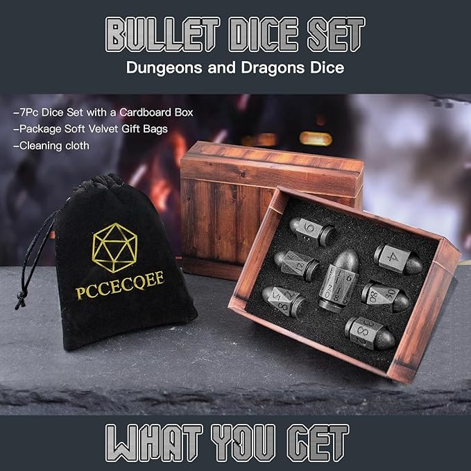 Dice Set PCCECQEE Bullet Dice,Metal D&D Dice for Dungeons and Dragons,7Piece for Role Playing Game (Antique Sliver)