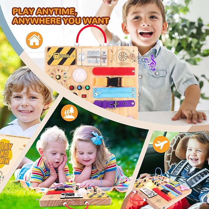 Busy Board,Montessori Toys for 1-3 Year Old Boys & Girls,Travel Educational Learning Activities for Toddlers,Sensory Toy for Kids with Autism (Busy Board v3)