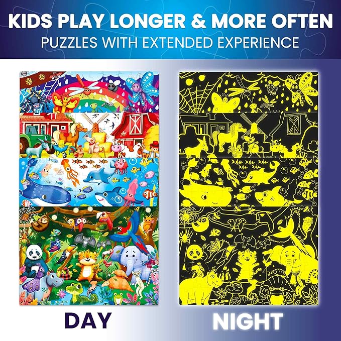 QUOKKA 4x60 Piece Puzzles for Kids Ages 4-6 – Glow-in-The-Dark Puzzles for Kids 4-8 I Farm Bugs Tropical & Ocean Animals I Fun Educational Toddler Puzzle for Boys & Girls – Educational Game Toys Gift